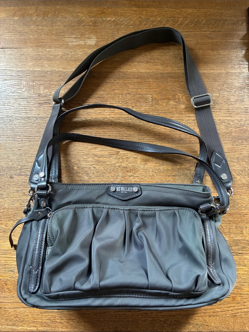 MZ Wallace Gray Pleated Nylon Crossbody Bag